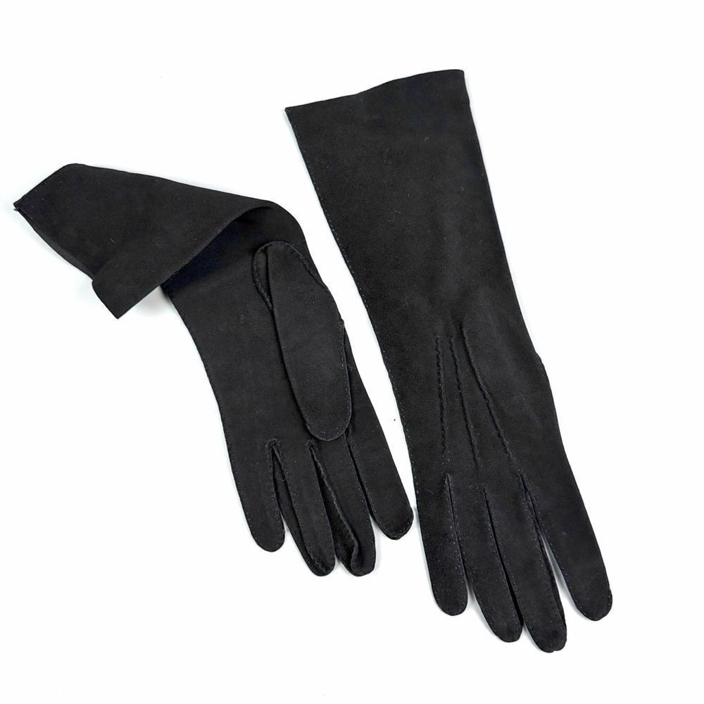 Bamberger's Black Washable Suede Long Gloves Vintage made in France Women's sz 7